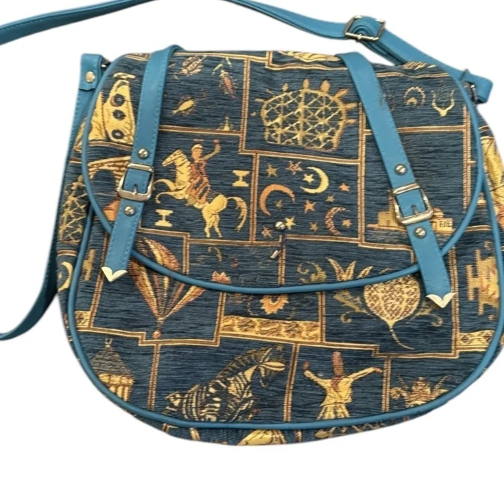 Motif Turkish Blue Tapestry & Vegan Leather Satchel Crossbody Bag